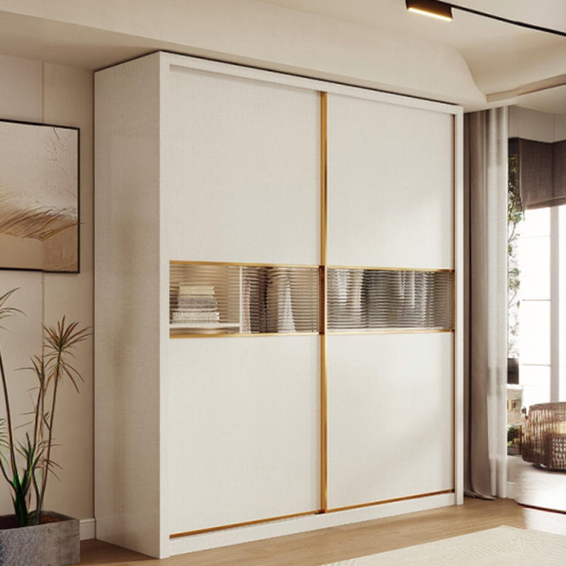 White Minimalist Manufactured Wood Wardrobe Closet with Compartments, Interior Shelves, and Clothing Rod