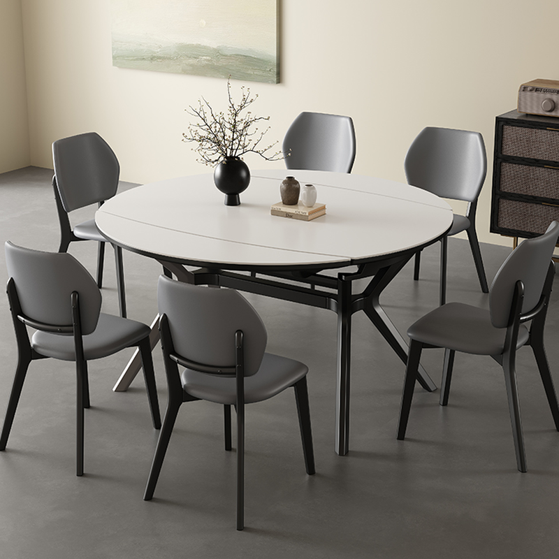Minimalist Rounded Slate Dining Table Set with 4 Legs, Fold-away Leaf, and Light Gray/White Finish