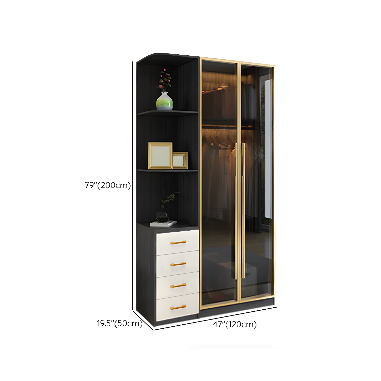 Modern Tempered Glass Doors Wardrobe Wood Frame Wardrobe without Light - image 17