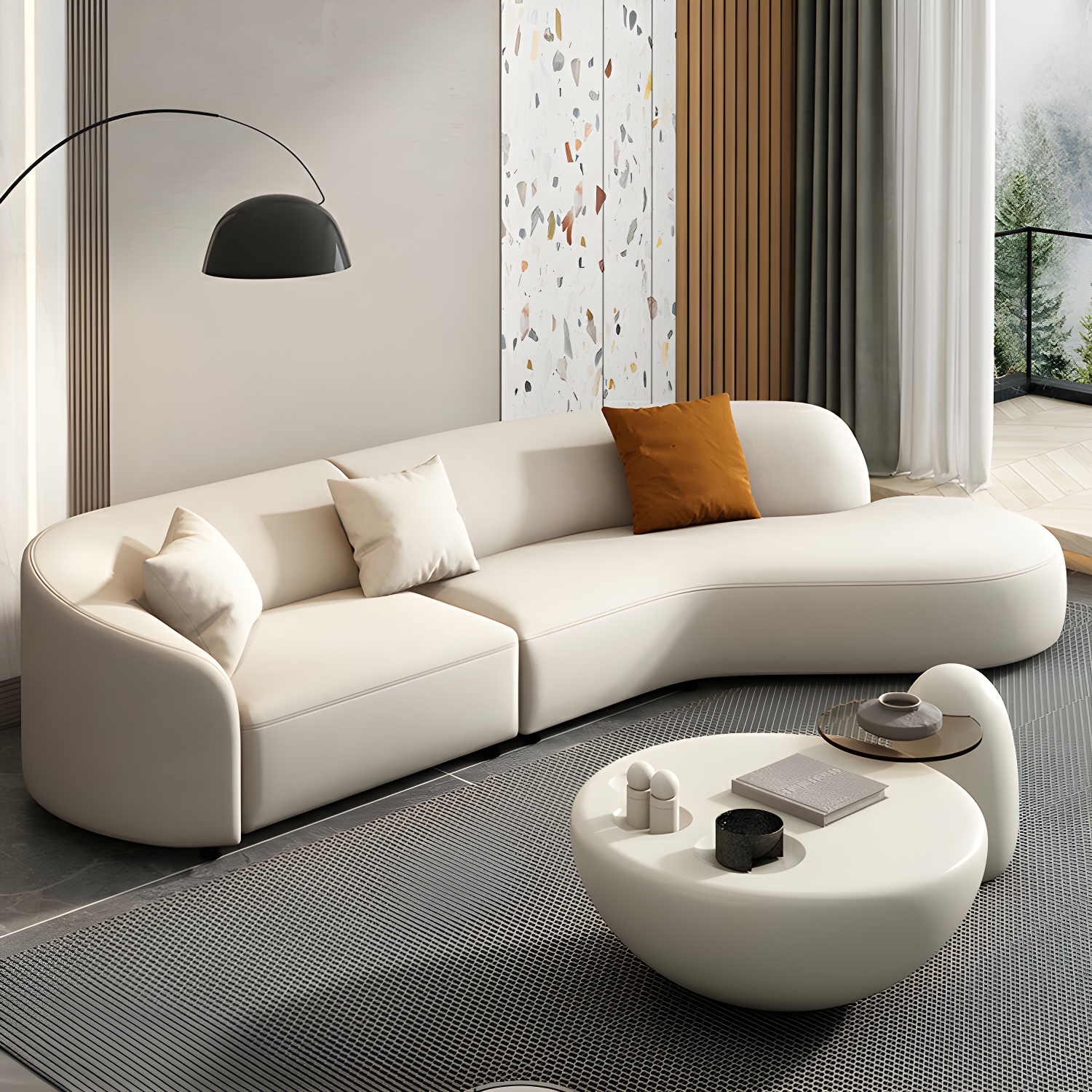 Modern Beige Tech Cloth Stationary Sectional Sofa with Wood Frame and Flared Arms