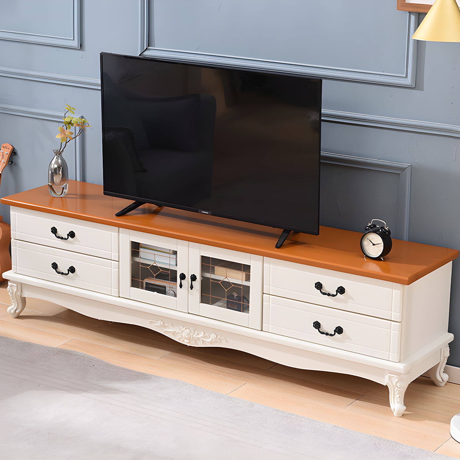 Traditional Solid Wood TV Cabinet Living Room Luxury TV Stand with Glass Doors - image 3