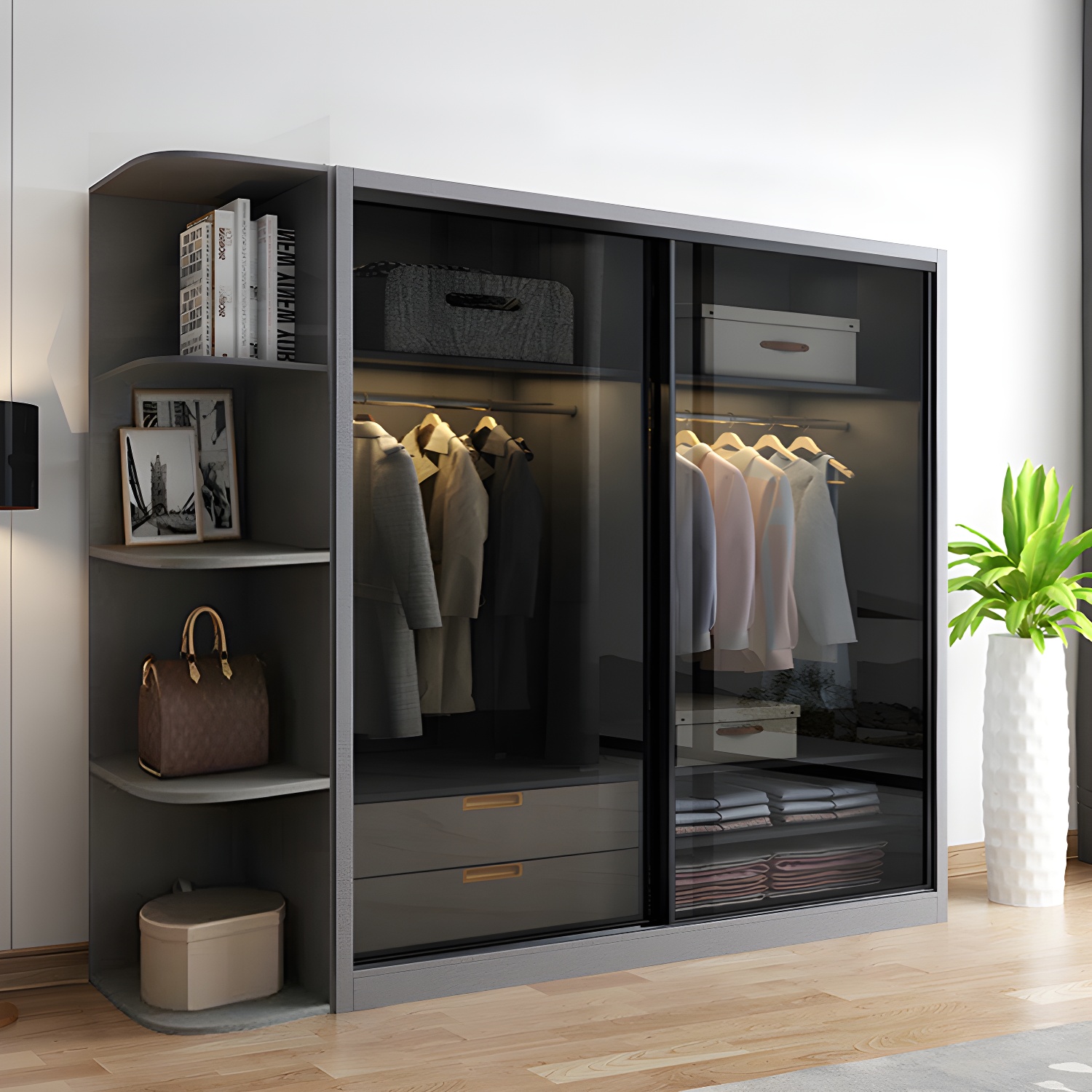 Black Wardrobe Cabinet Contemporary Glass Wardrobe Armoire for Home - image 4