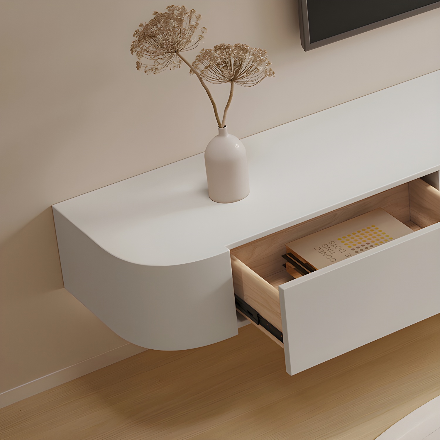White Wall-mounted Media Stand with Drawers Contemporary TV Console, Faux Wood - image 8