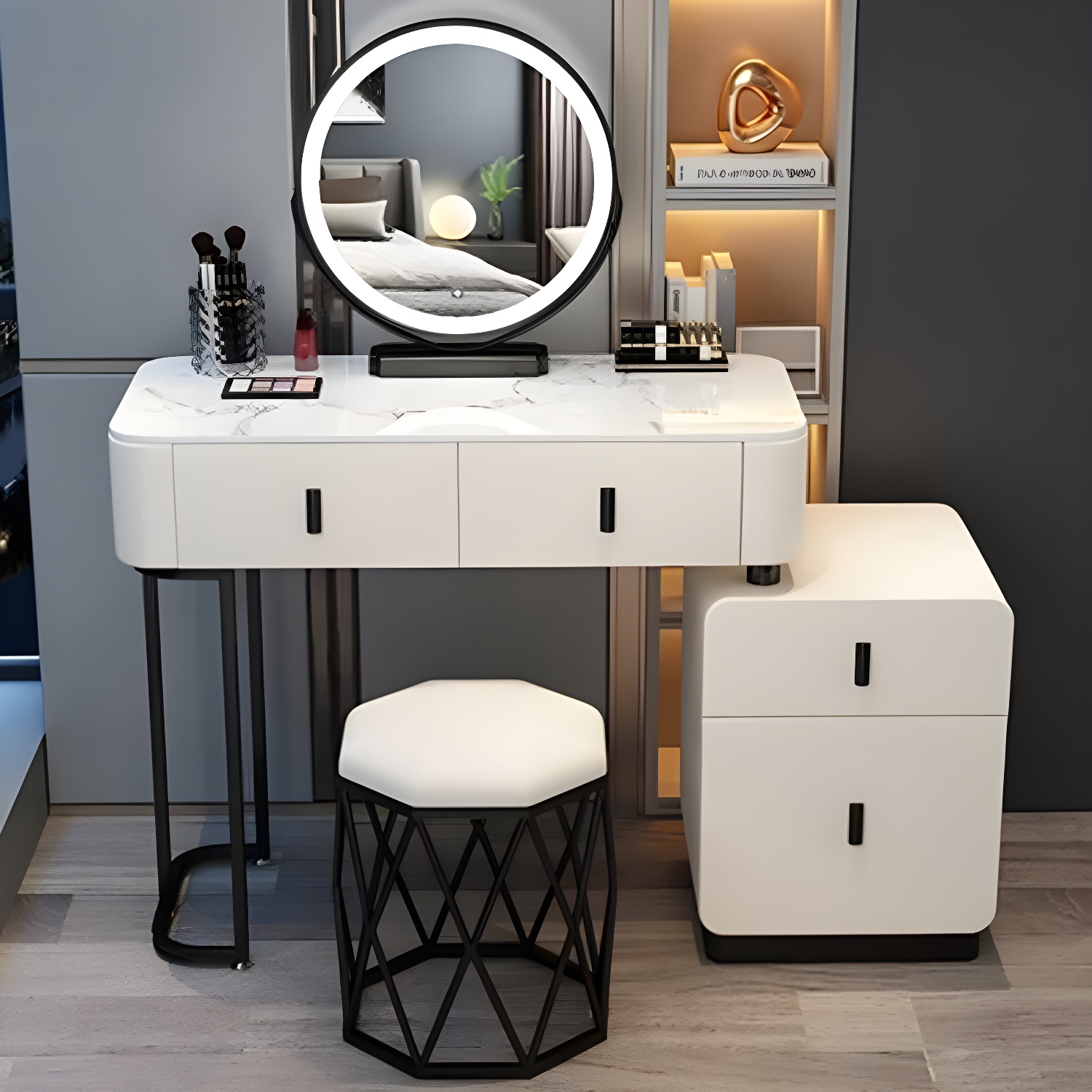 Modern Stone Top Makeup Vanity Desk with Solid Wood Storage Drawers - image 8