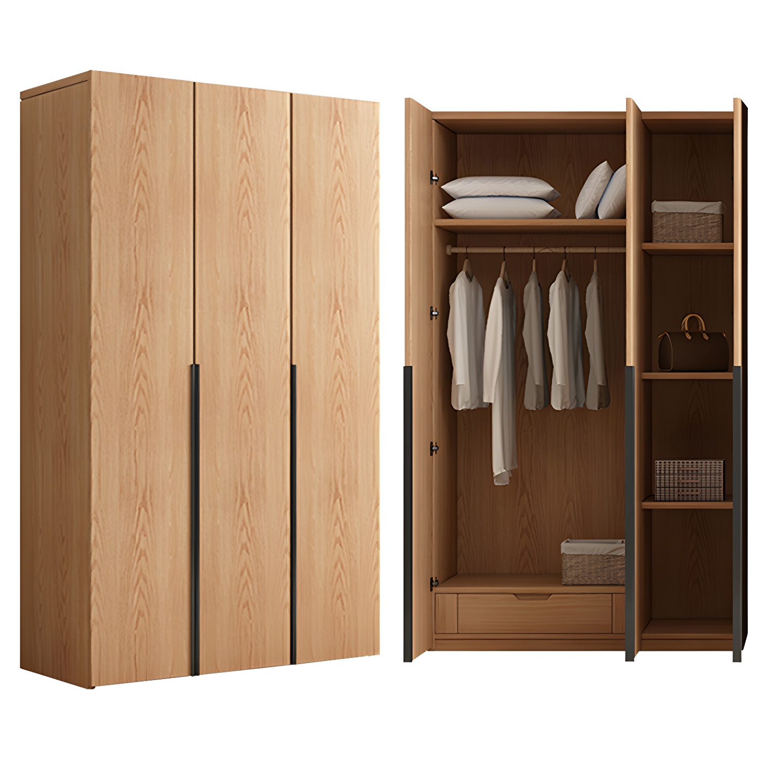 Contemporary Freestanding Natural Wardrobe Oak Solid Wood Wardrobe with Shelves - image 5
