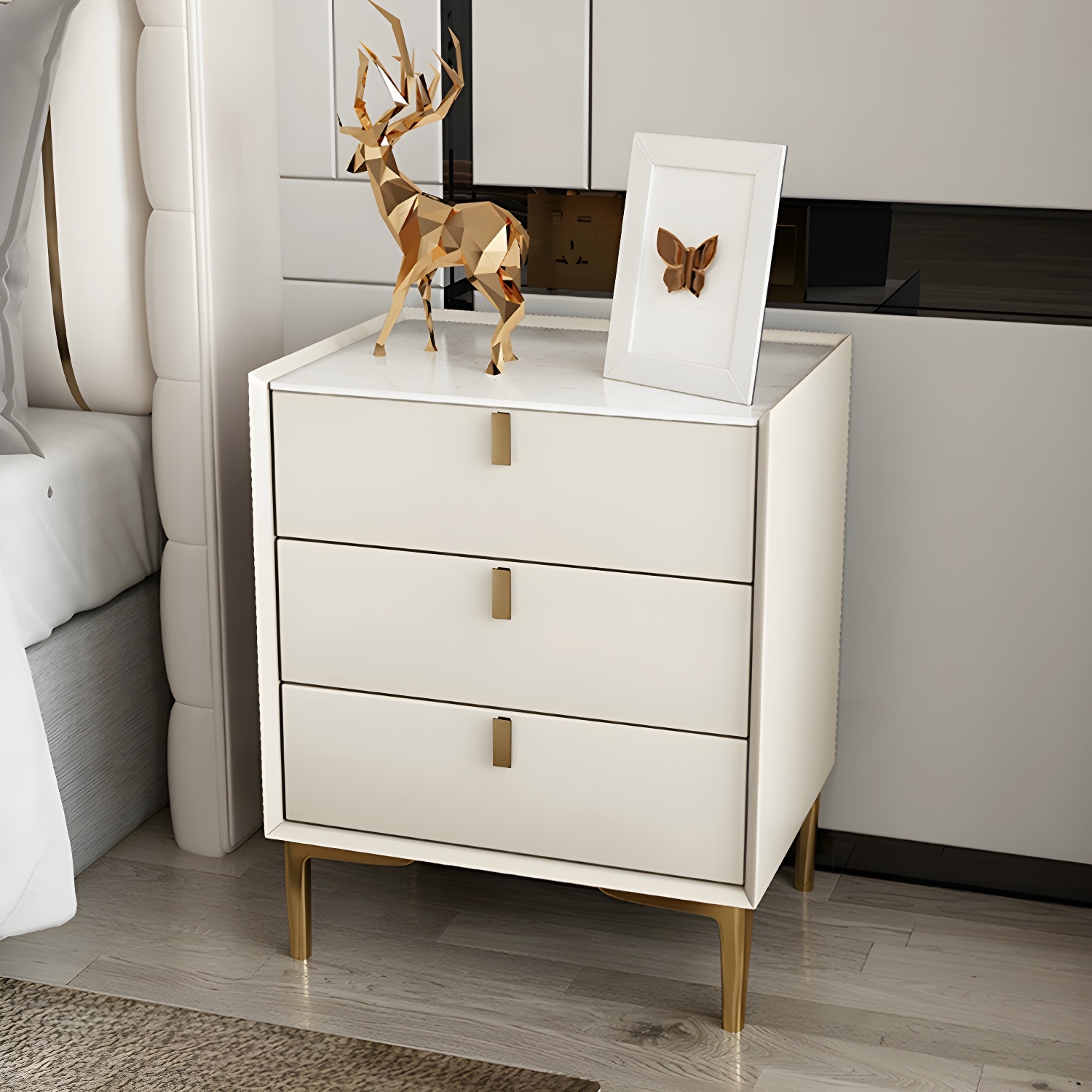 Glam Style Sintered Stone Top 3-Drawer Nightstand with Legs for Bedroom
