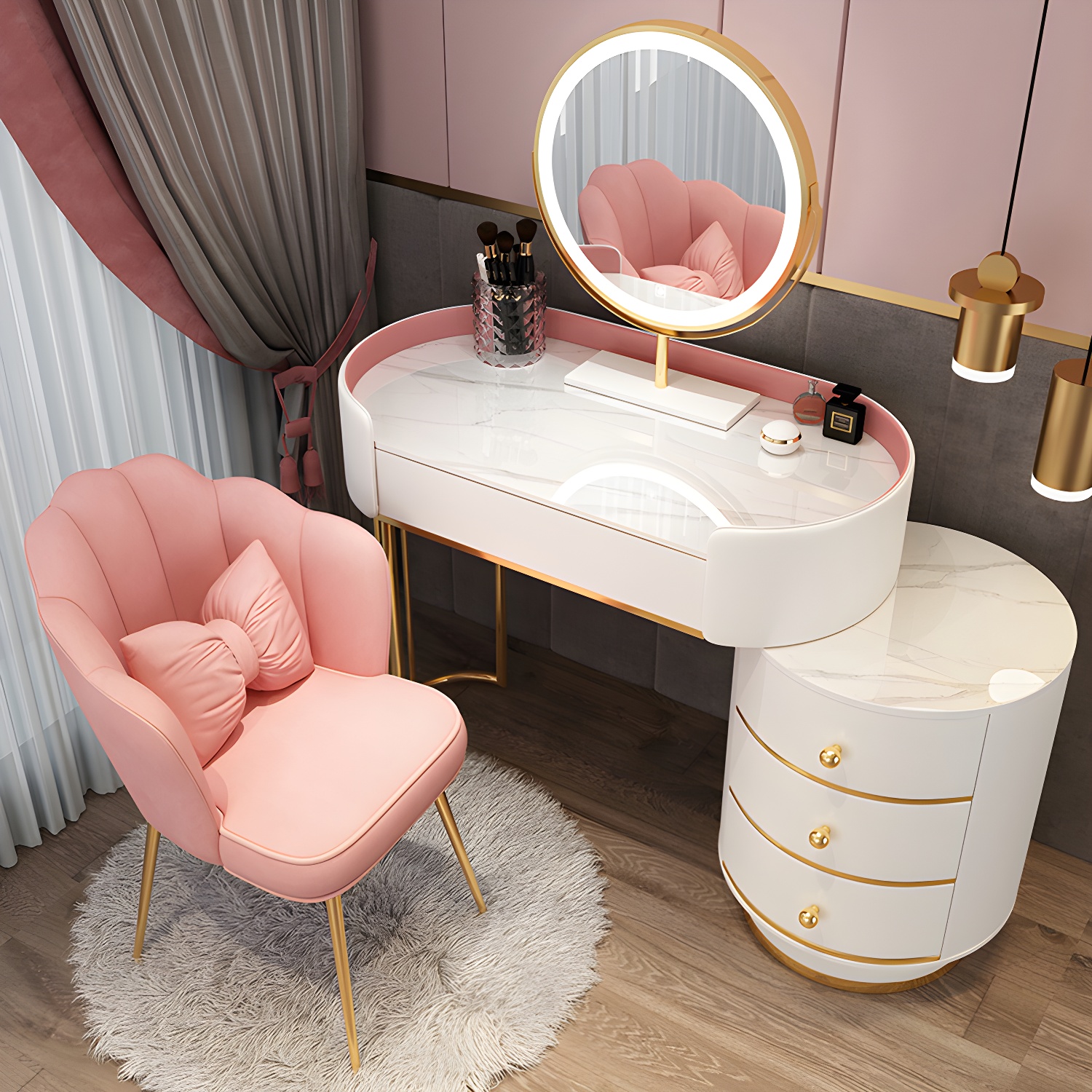 Wooden Makeup Vanity Desk Lighted Mirror Vanity Dressing Table Set with Drawer - image 5