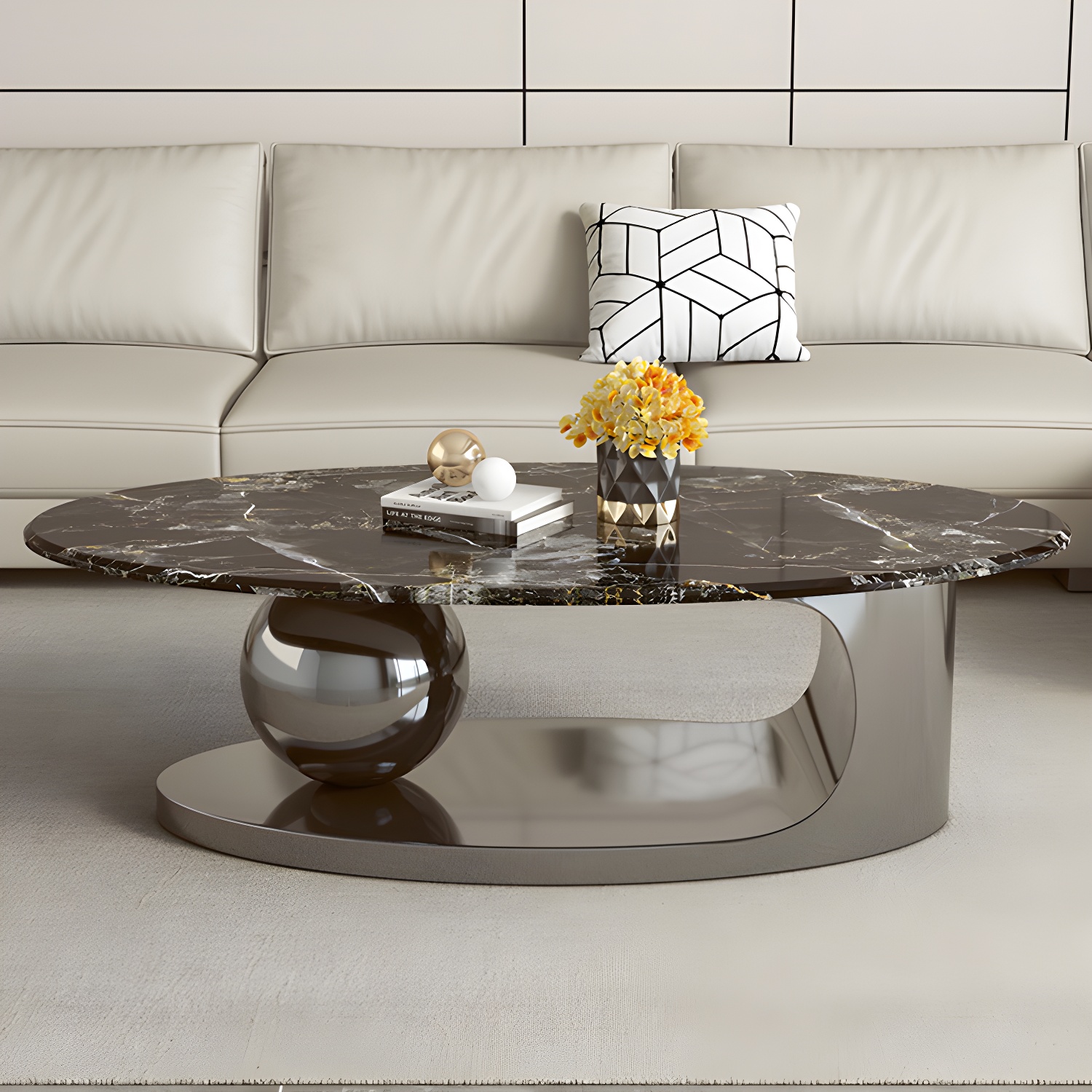 Chic Oval Stone Coffee Table - Modern Elegance with Metal Pedestal Base