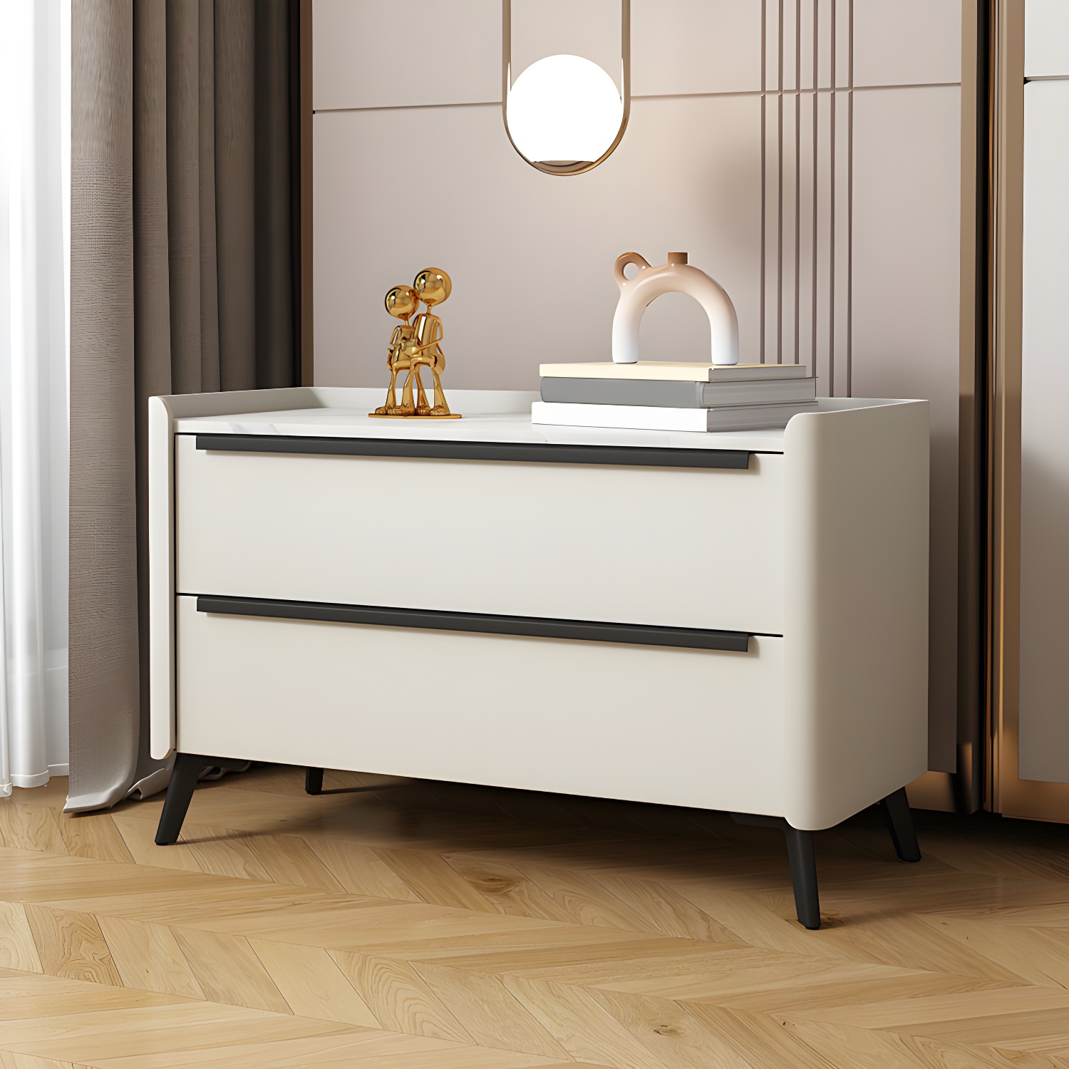 Modern Faux Leather Top Nightstand with Two Drawers and Stone Countertop - image 5