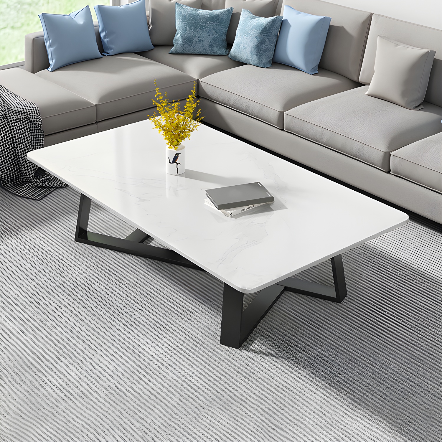 Stone and Metal Coffee Table Contemporary Coffee or End Table with Cross Legs