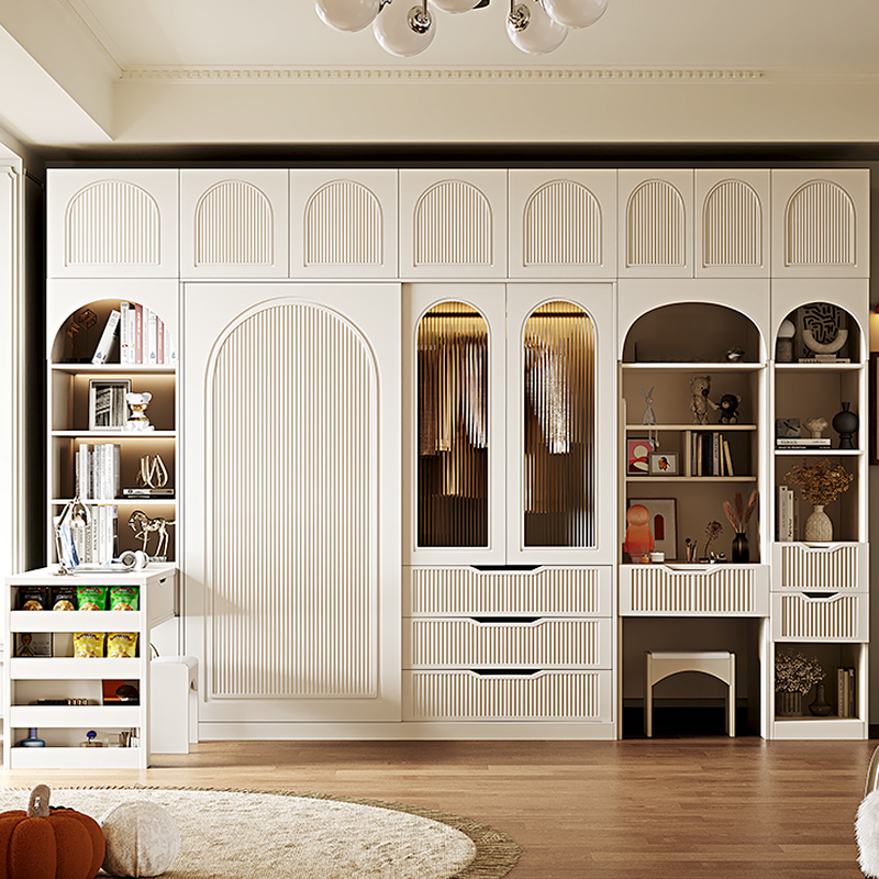Chalk Composite Wood Cabinet Armoire with Soft Close Drawer, Specular Mirror, Soft Close Door, Interior Shelves, and Clothing Rod