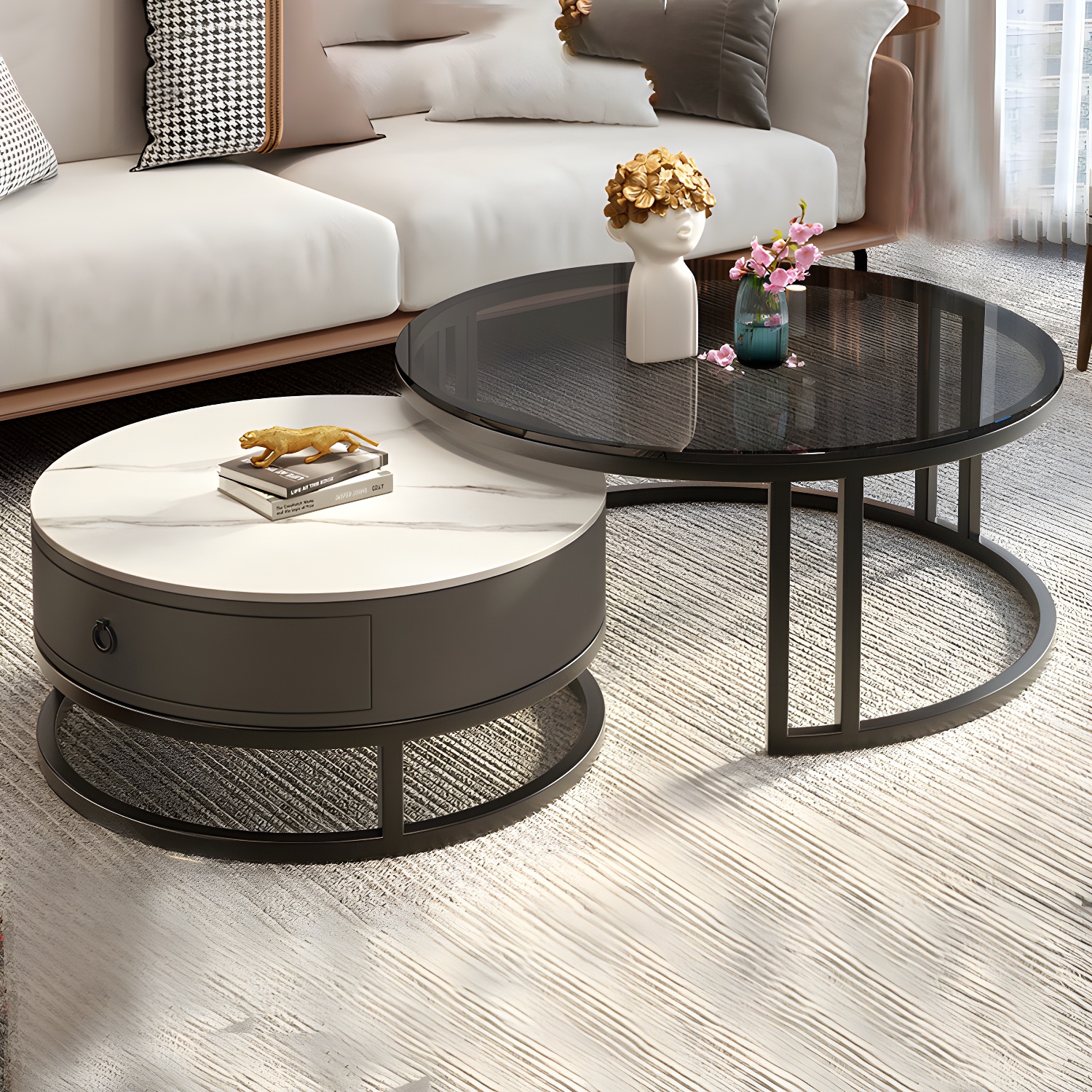 Modern Glass Coffee Cocktail Table Round Nesting Coffee Table Set - image 12