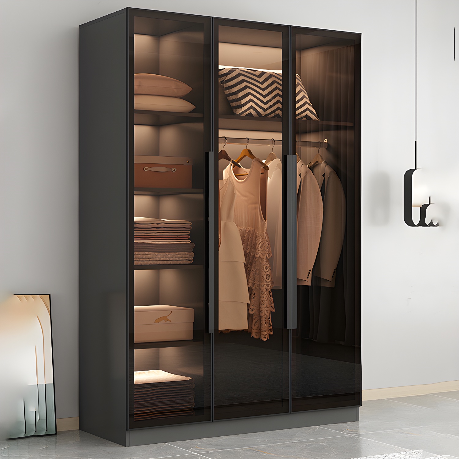 Modern Wooden Frame Wardrobe Freestanding Multifunctional Wardrobe Tempered Glass Doors - image 3