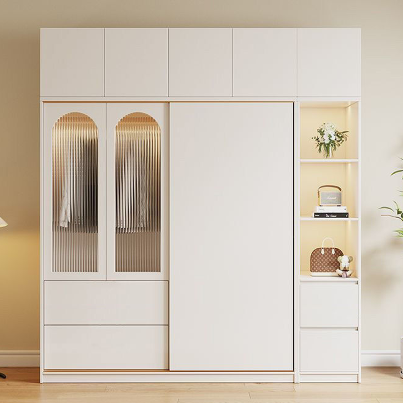 Cream Contemporary Reclaimed Wood Detached Almirah with Soft Close Drawer, Soft Close Door, and Interior Shelves