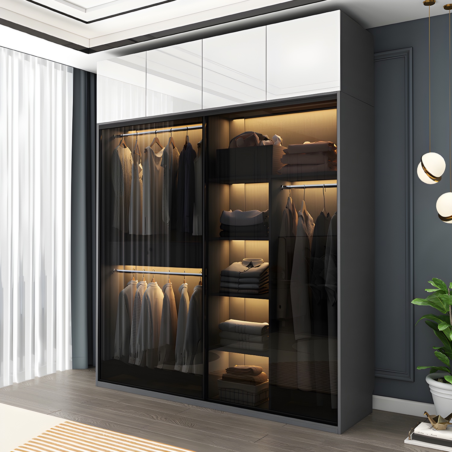 Modern Style Glass Wardrobe 1-Drawer Bedroom Wardrobe Closet