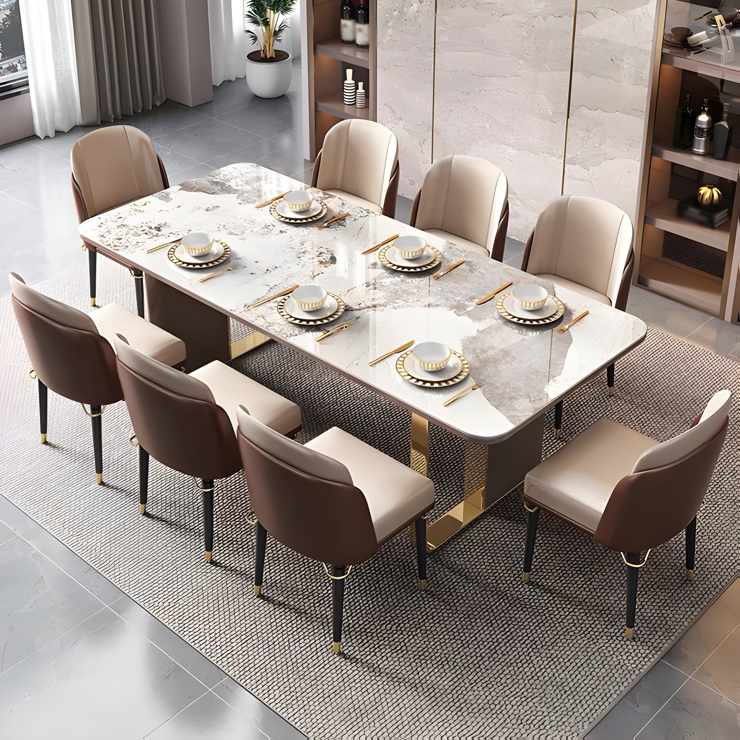 Luxury Sintered Stone Top Dining Set Rectangle 1/4/5/6/7/9 Pieces Dining Table with Chairs