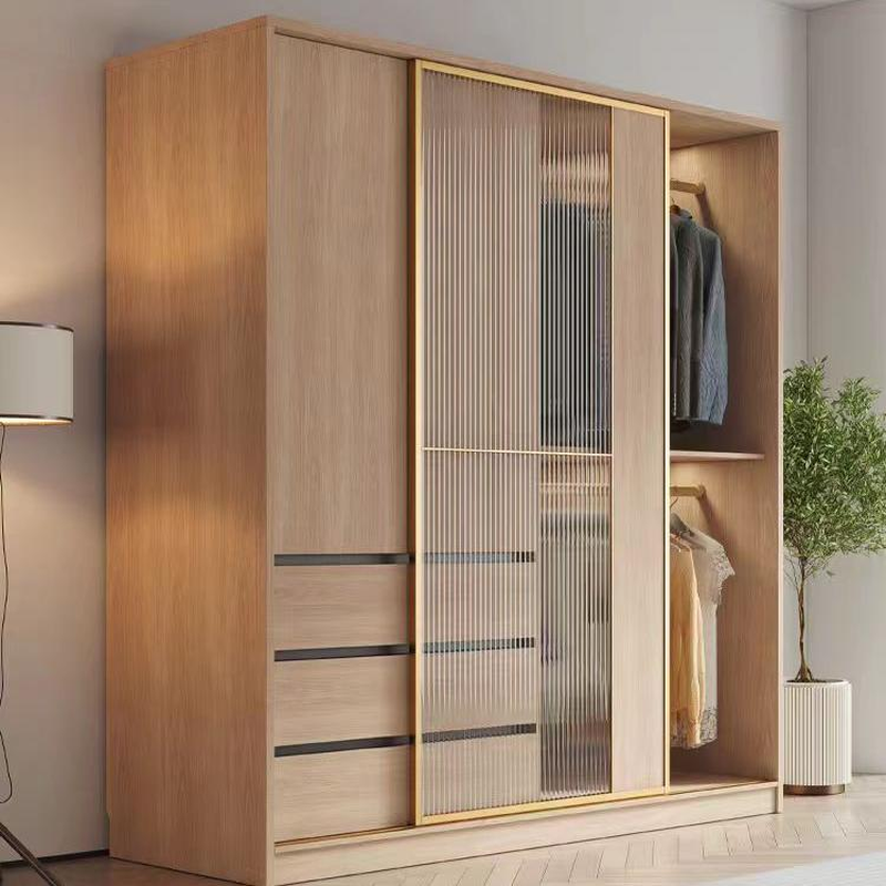 Natural Finish Art Deco Timber Wardrobe Armoire with Soft Close Drawer, Soft Close Door, Interior Shelves, and Clothing Rod