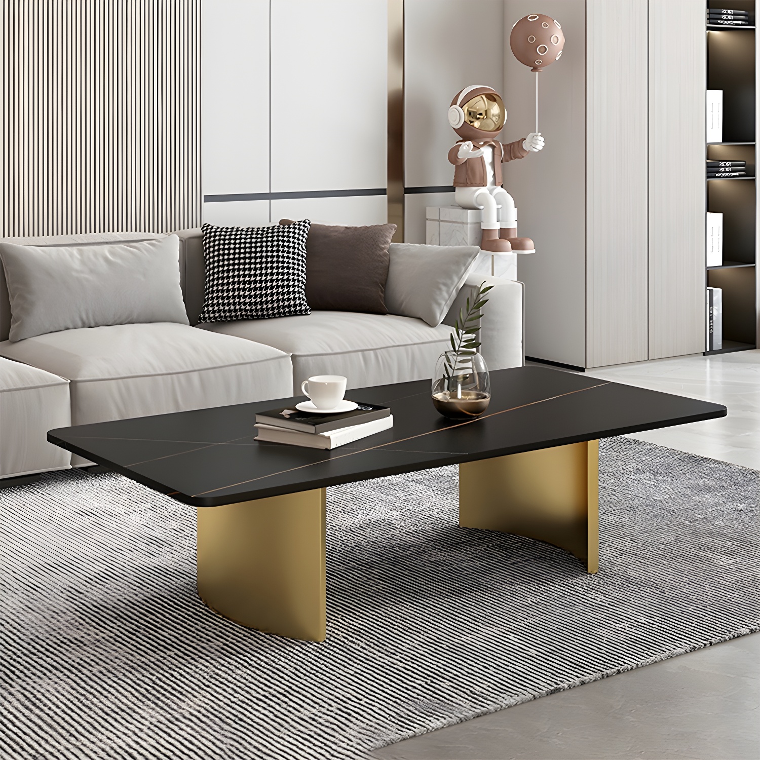 Glam 15.7" H Rectangle Slate Coffee Table Steel 2 Legs Cocktail Table