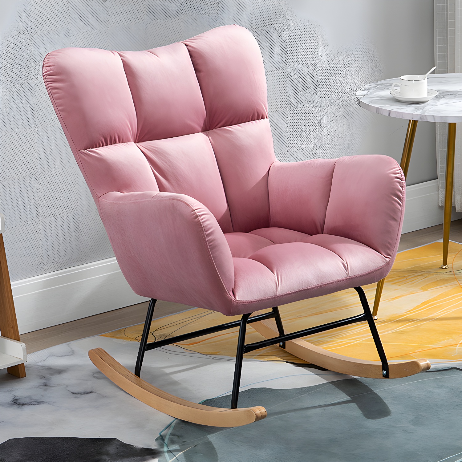 Modern Rocker Chair Upholstered Dark Legs Glider Button-Tufted - image 9