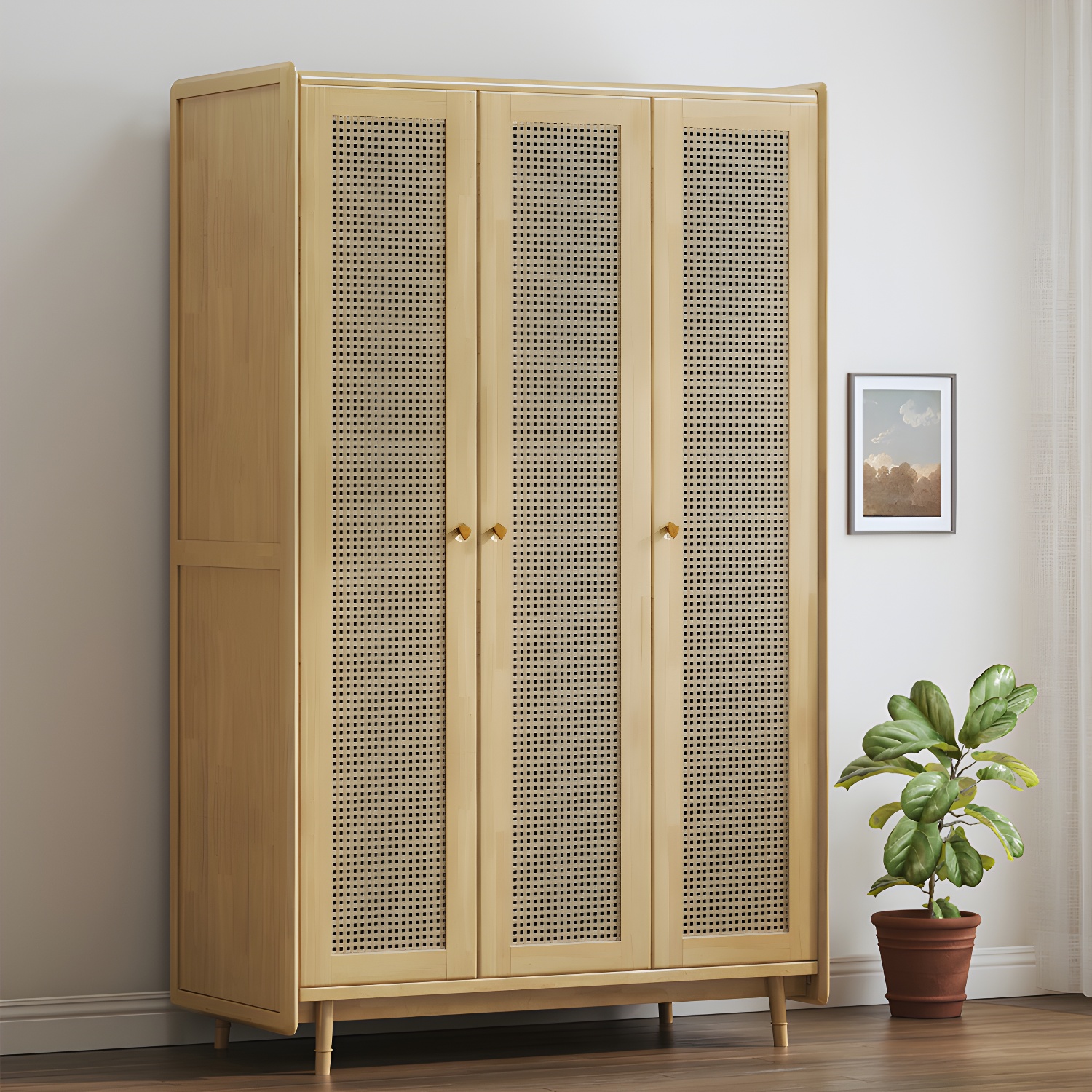 Rubberwood Solid Wood Frame Wardrobe Modern Rattan Hinged Doors with Legs - image 4