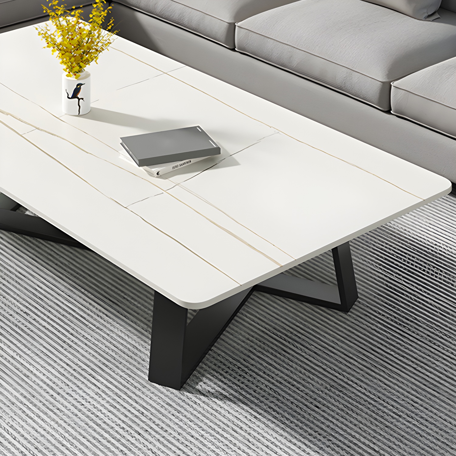 Stone and Metal Coffee Table Contemporary Coffee or End Table with Cross Legs - image 13