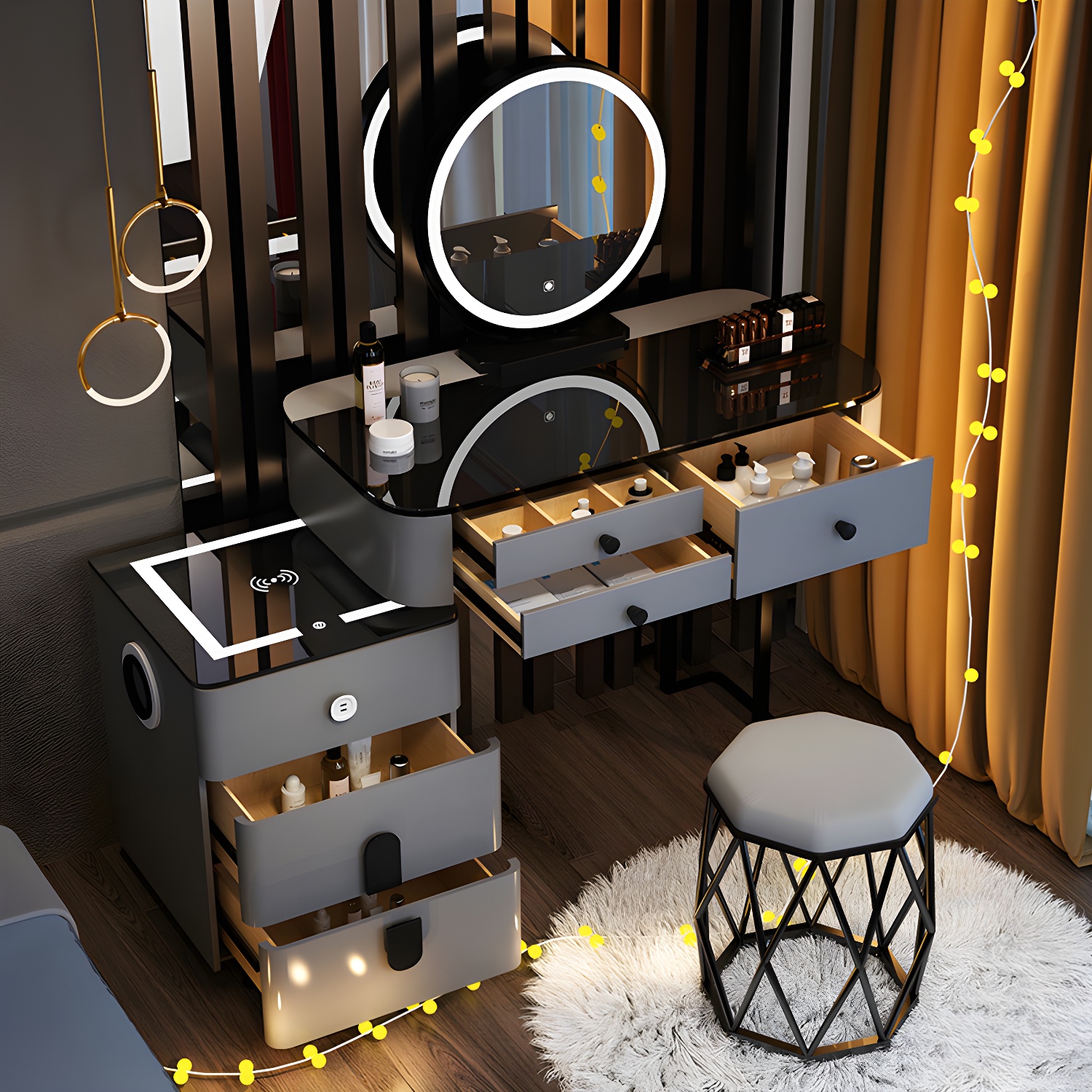 Lighted Mirror Wood Makeup Dressing Table Stool Set in Black/ White - image 4