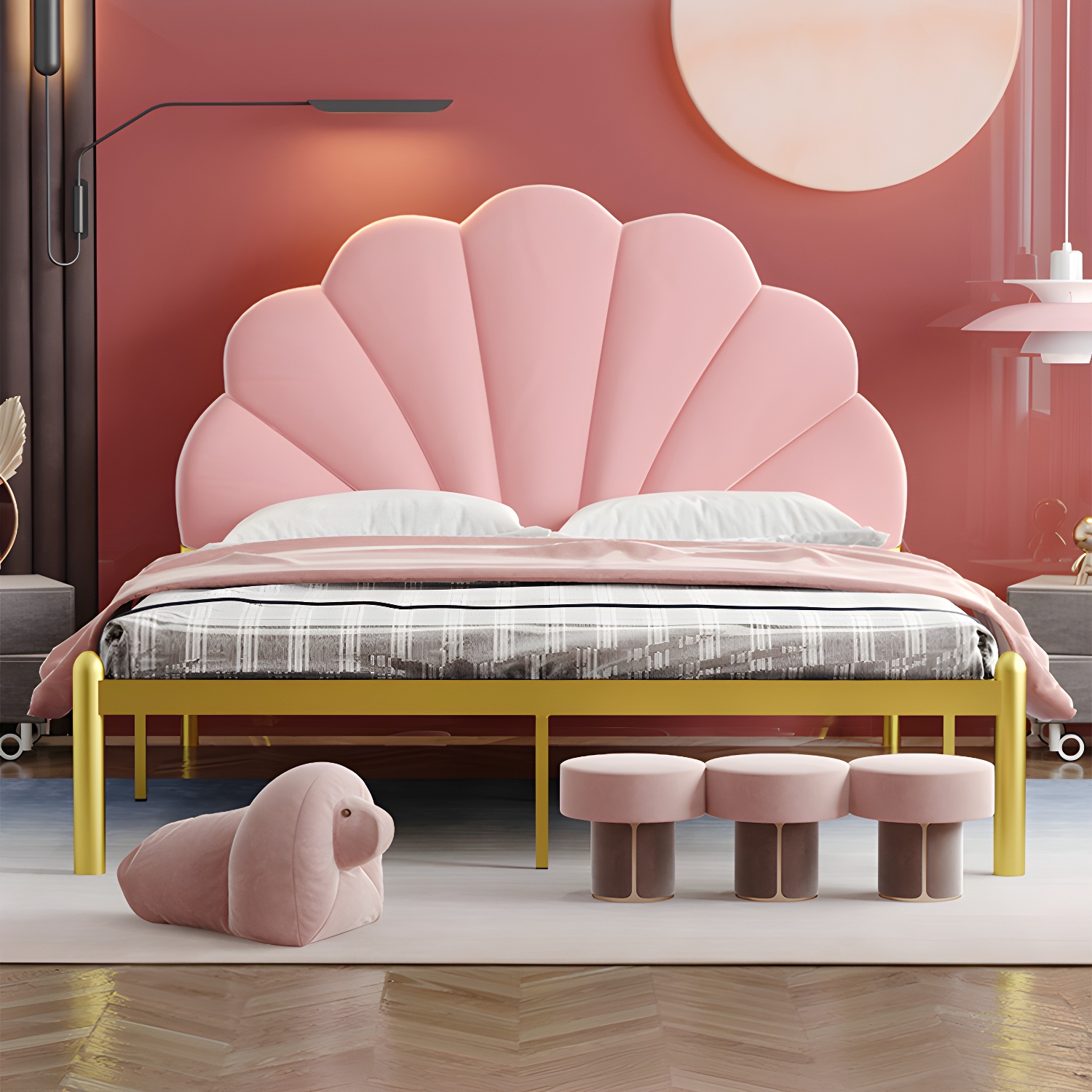shell Suede Upholstered Headboard ,47 inch High Metal Panel Bed - image 3