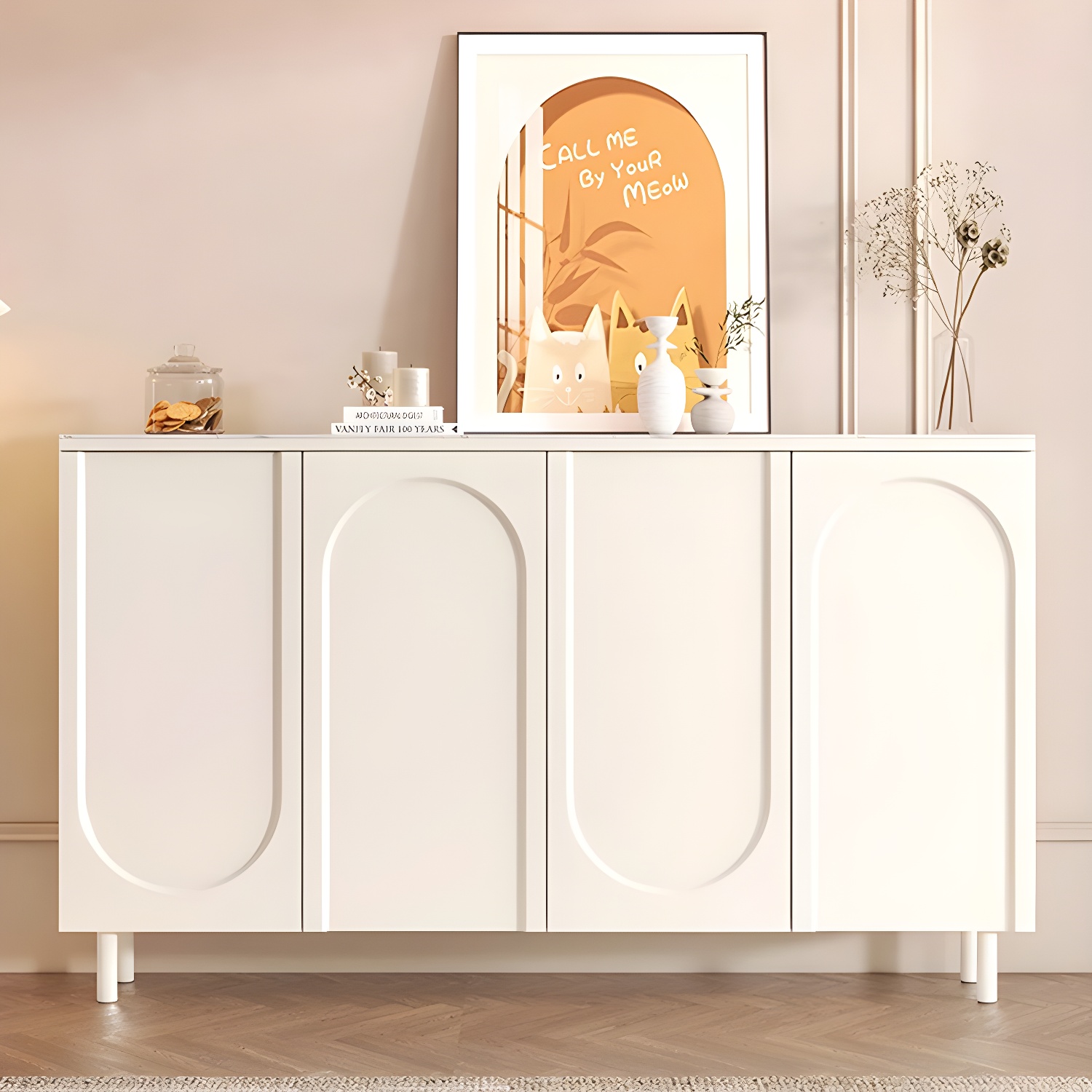 Scandinavian Wood Buffet Sideboard with Stone Countertop and Adjustable Shelves - image 15
