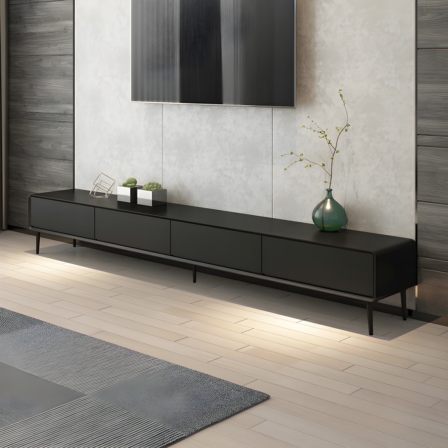 Modern Wooden Long and Low TV Stand with 4 Drawers, No Assembly Required, Dark Tone
