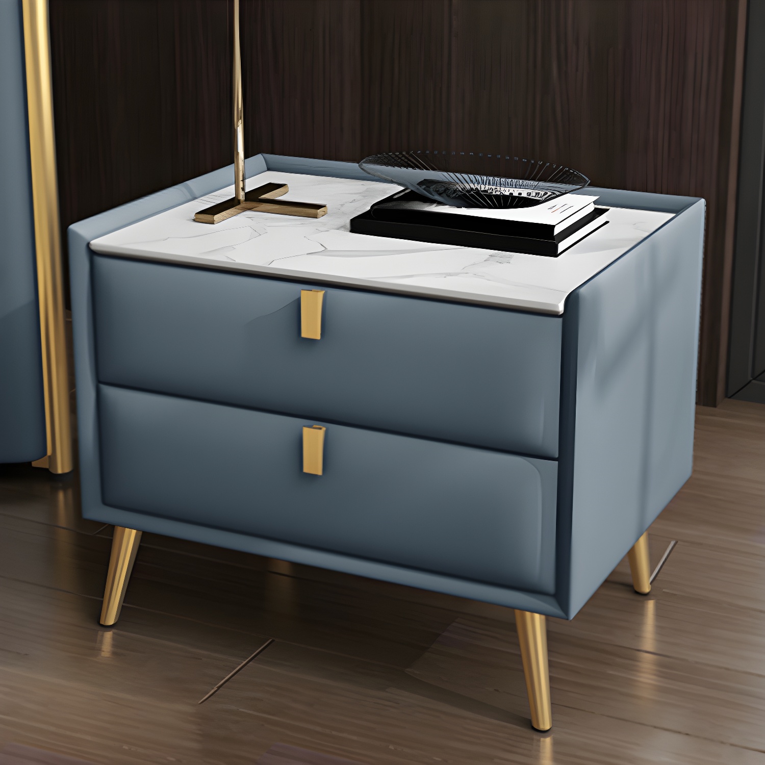 Solid Wood Bedside Table, Modern 2 - Drawer Stone Top Nightstand - image 3