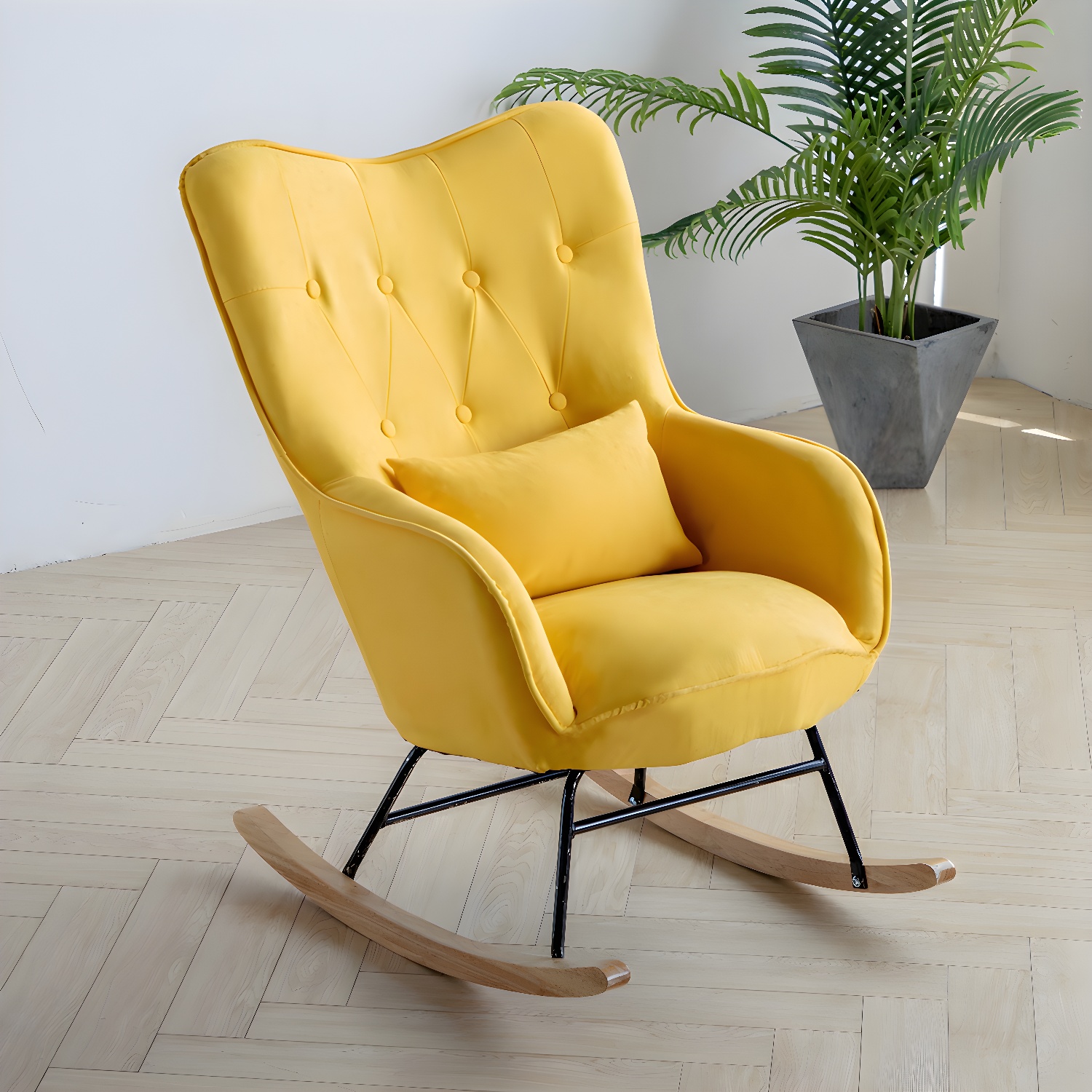 Stylish Modern Upholstered Rocking Chair with Natural Wood Legs and Tufted Back Cushion - image 5