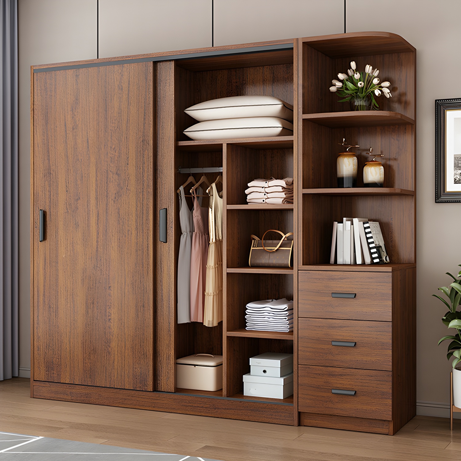 Contemporary Brown Wood Wardrobe Armoire with Clothing Rod & Shelves