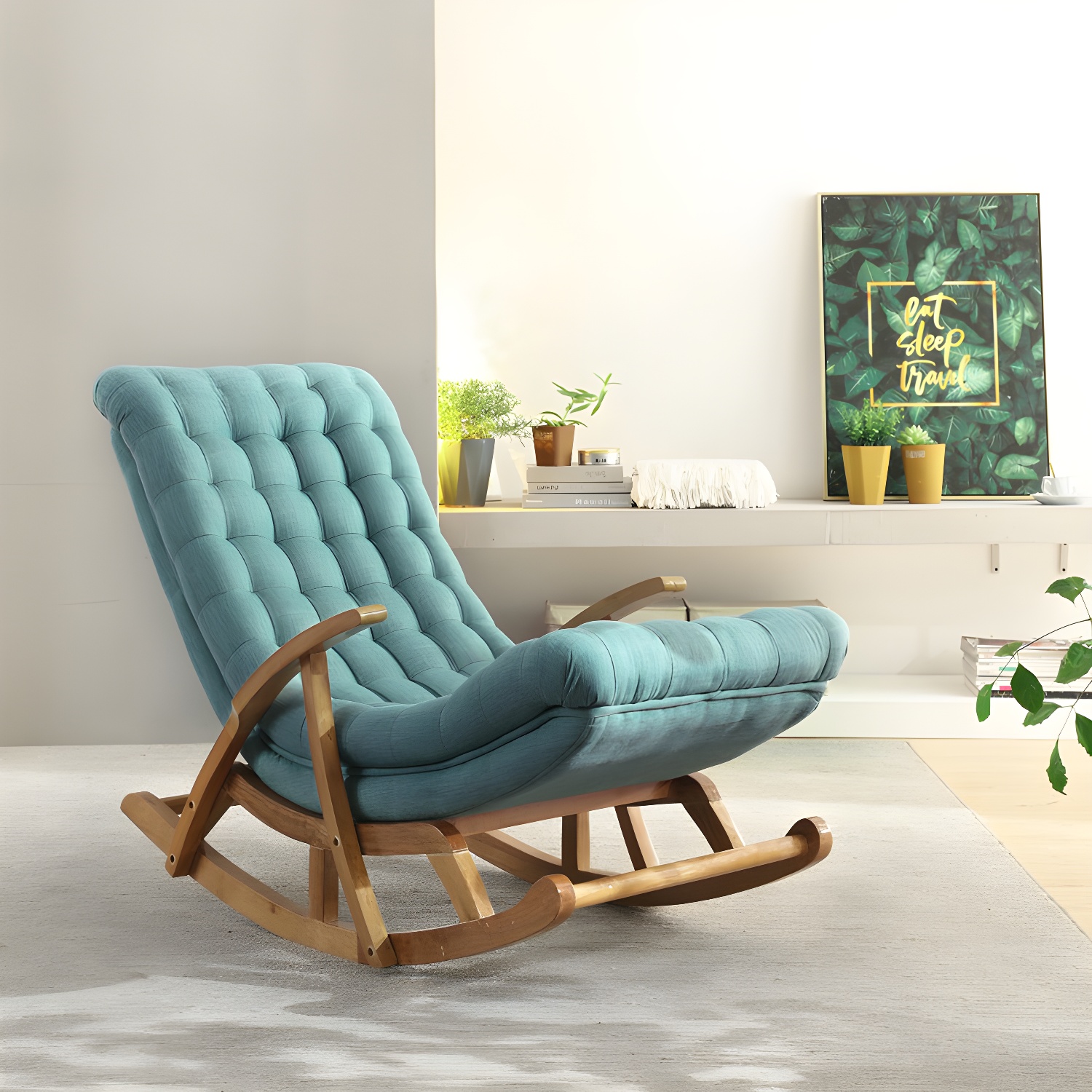 Stylish Upholstered Rocking Chair with Natural Wood Legs In Modern Design - image 15