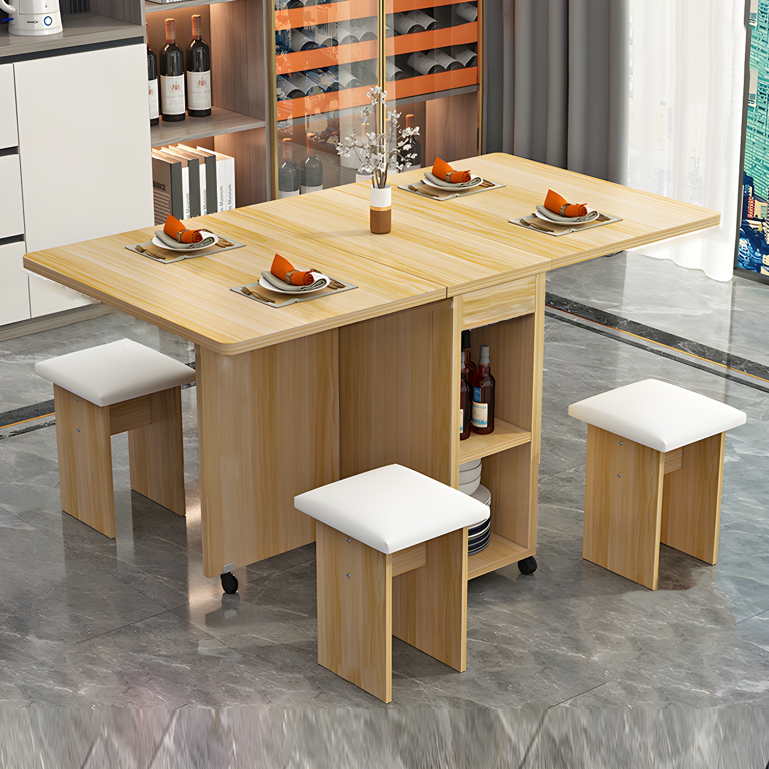 5-Piece Modern Wood Dining Set with Rectangle Table and White Backless Stools - image 8