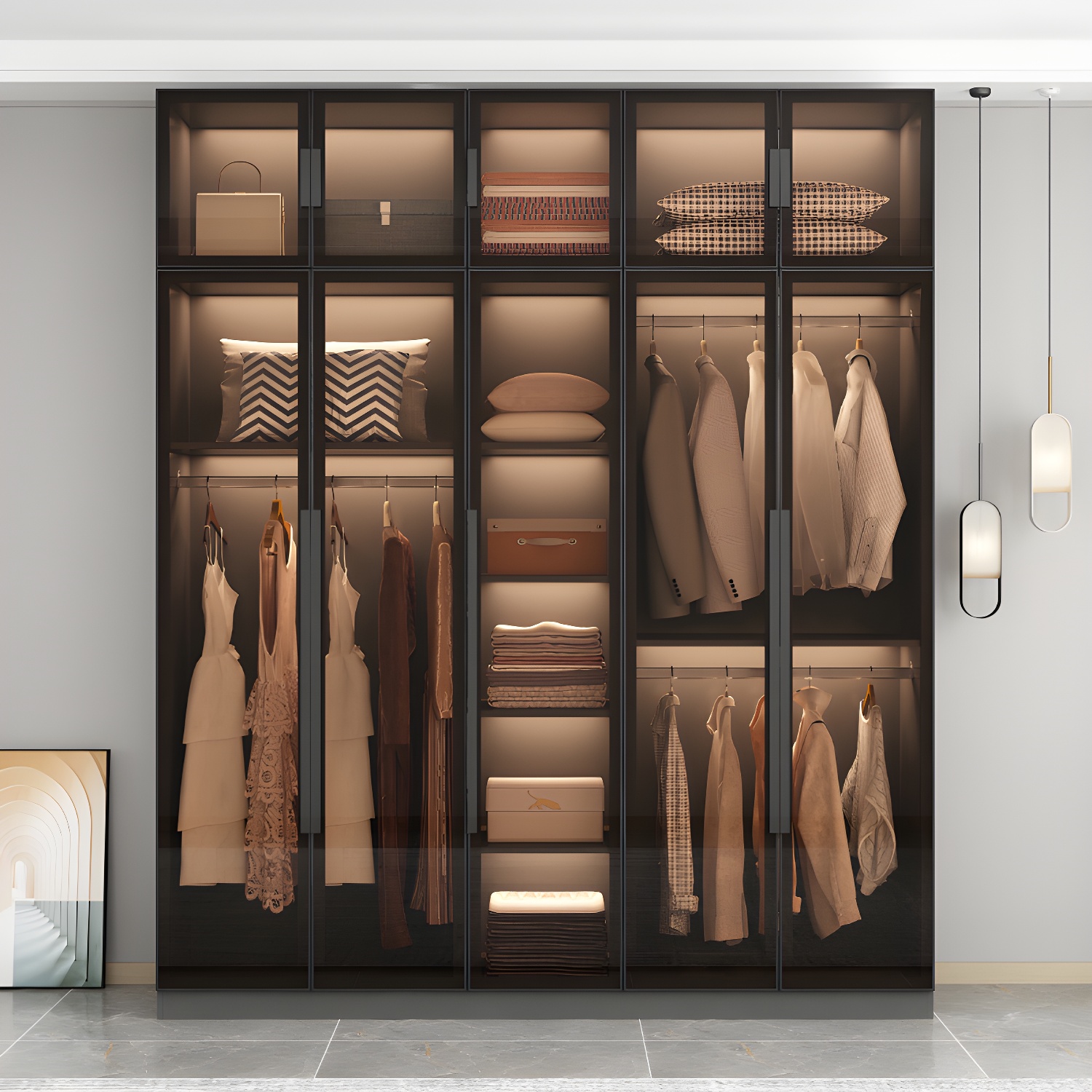 Freestanding Grey Wood Frame Wardrobe Modern Multifunctional Wardrobe with Glass Doors