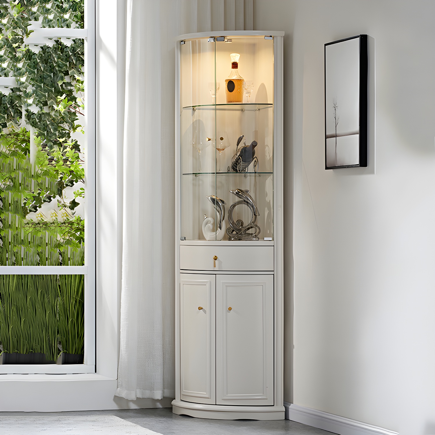 Corner Mid-Century Modern Accent Cabinet with Wood Countertop, Glass Doors, and Drawers Included - image 6
