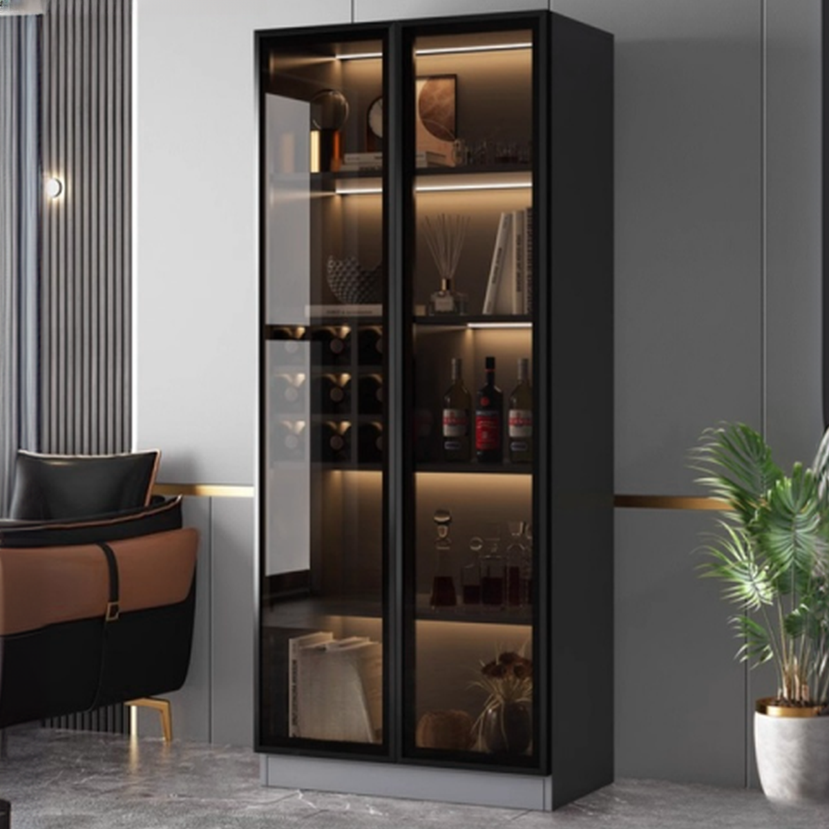Contemporary Rectangle Utility Storage Cabinet with Storage Cabinet, Composite Wood Countertop, Glass-panel Door in Midnight Black