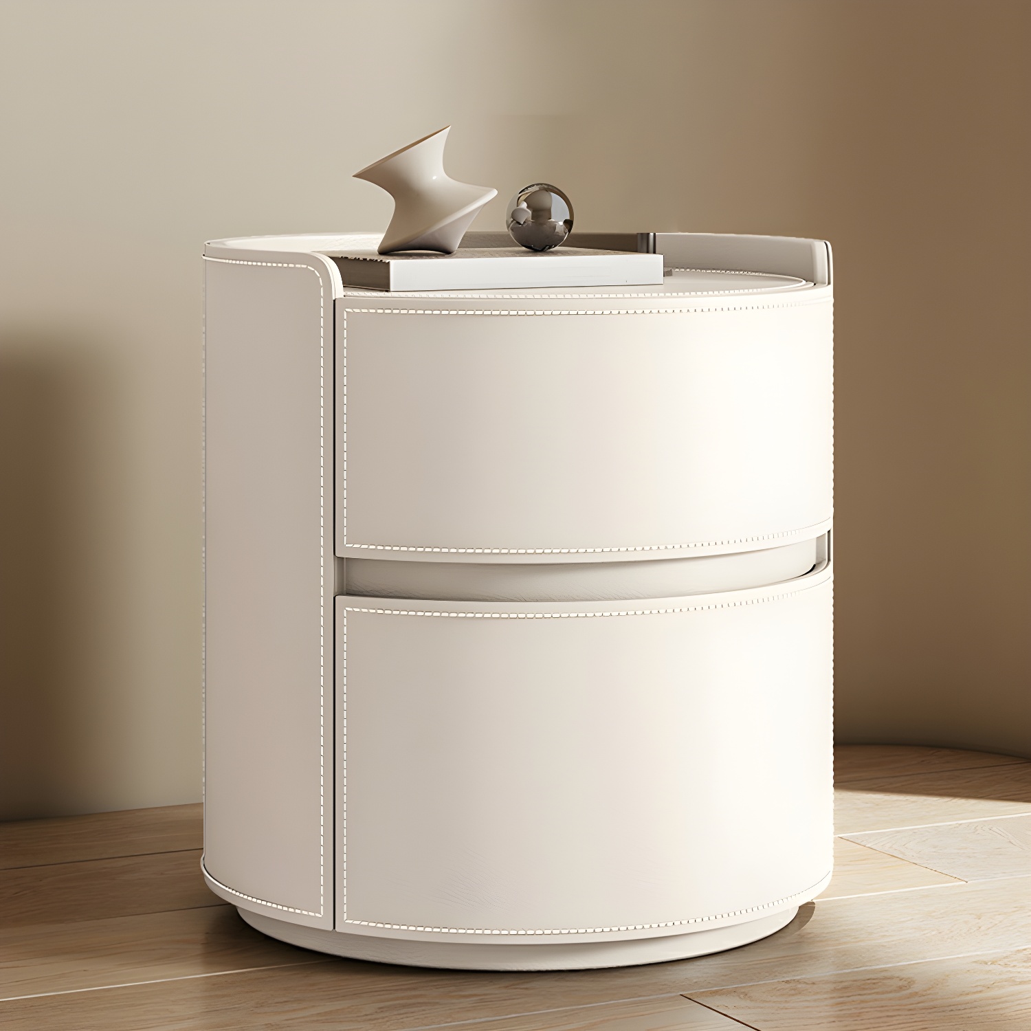 Modern Faux Leather Round Nightstand with 2 Drawers in Under 21 in. Narrow Size - image 9
