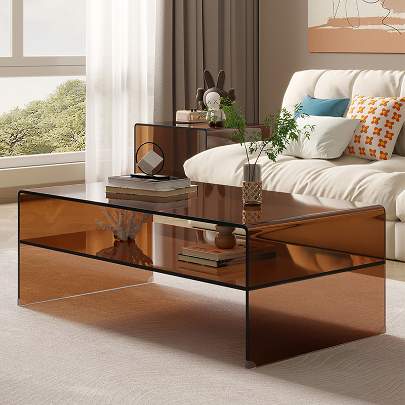 Rectangular Brown Glass Modern Coffee Table with Sled Base and Storage - image 4