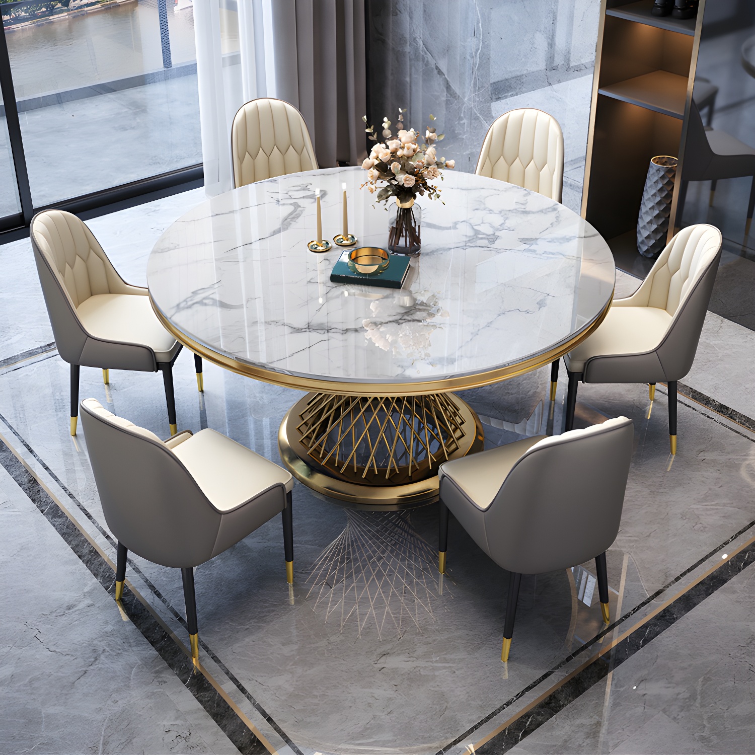 Glam Round Marble Dining Set with Gold Metal Pedestal Base - Fixed Table in White - image 3