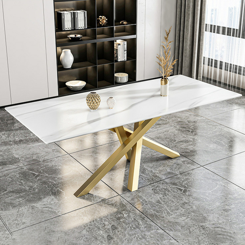 Art Deco Standard Table Height Rectangle Fixed Marble Top/Wood Dining Table with Golden Base for 8/4 People/6 People - image 4
