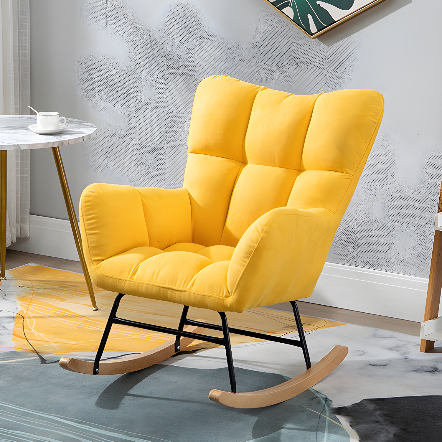 Modern Rocker Chair Upholstered Dark Legs Glider Button-Tufted - image 12