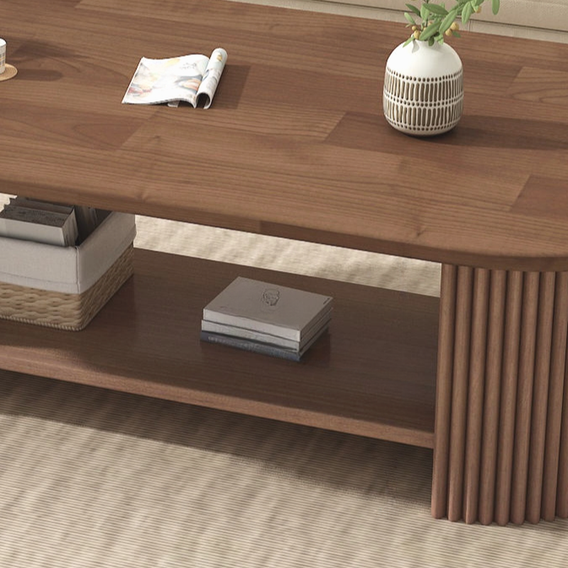 Oval Natural Wood Coffee Table with Twin Support Base, Repository, and 1 Shelf - image 11