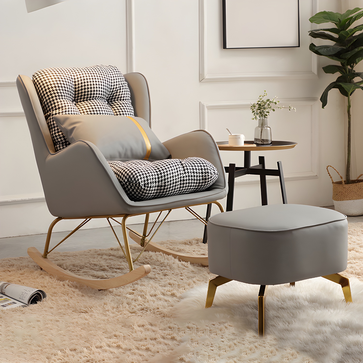 Contemporary Rocking Chair Rubber Wood Frame Wing Chair Back Indoor Rocking Chair - image 17