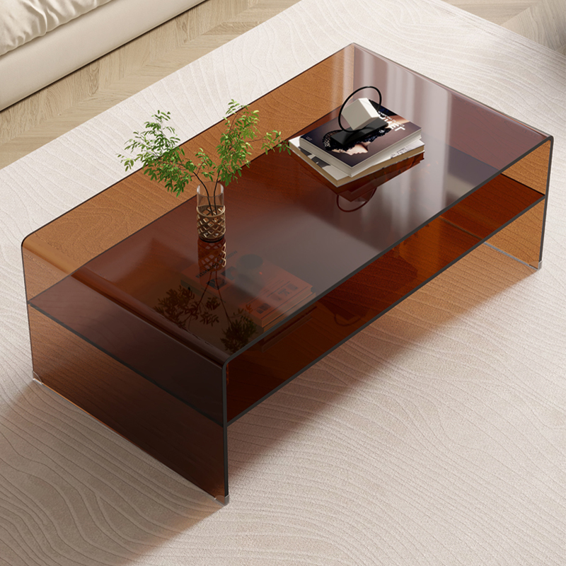 Rectangular Brown Glass Modern Coffee Table with Sled Base and Storage - image 3