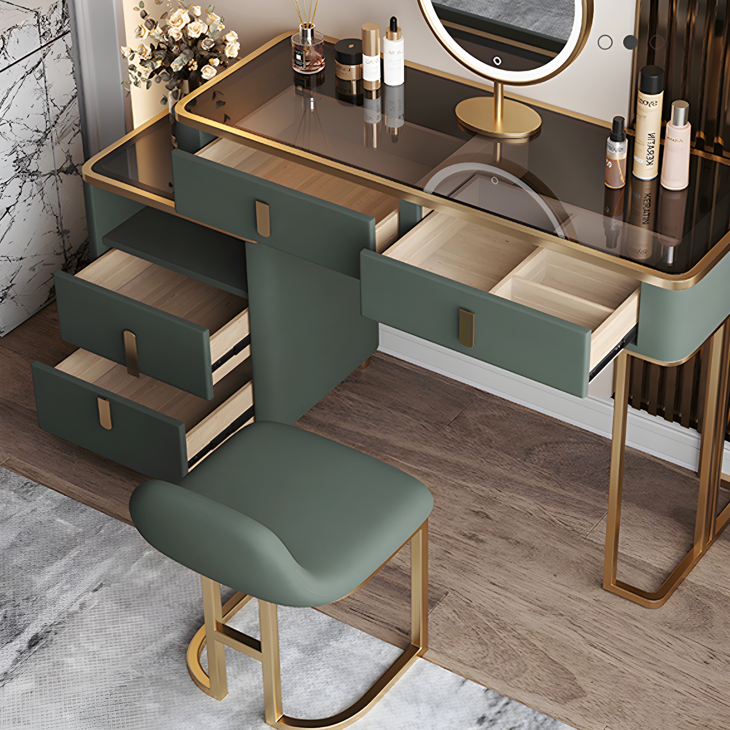 Glass Top Dressing Table Solid Wood Green Make-up Vanity with Drawers