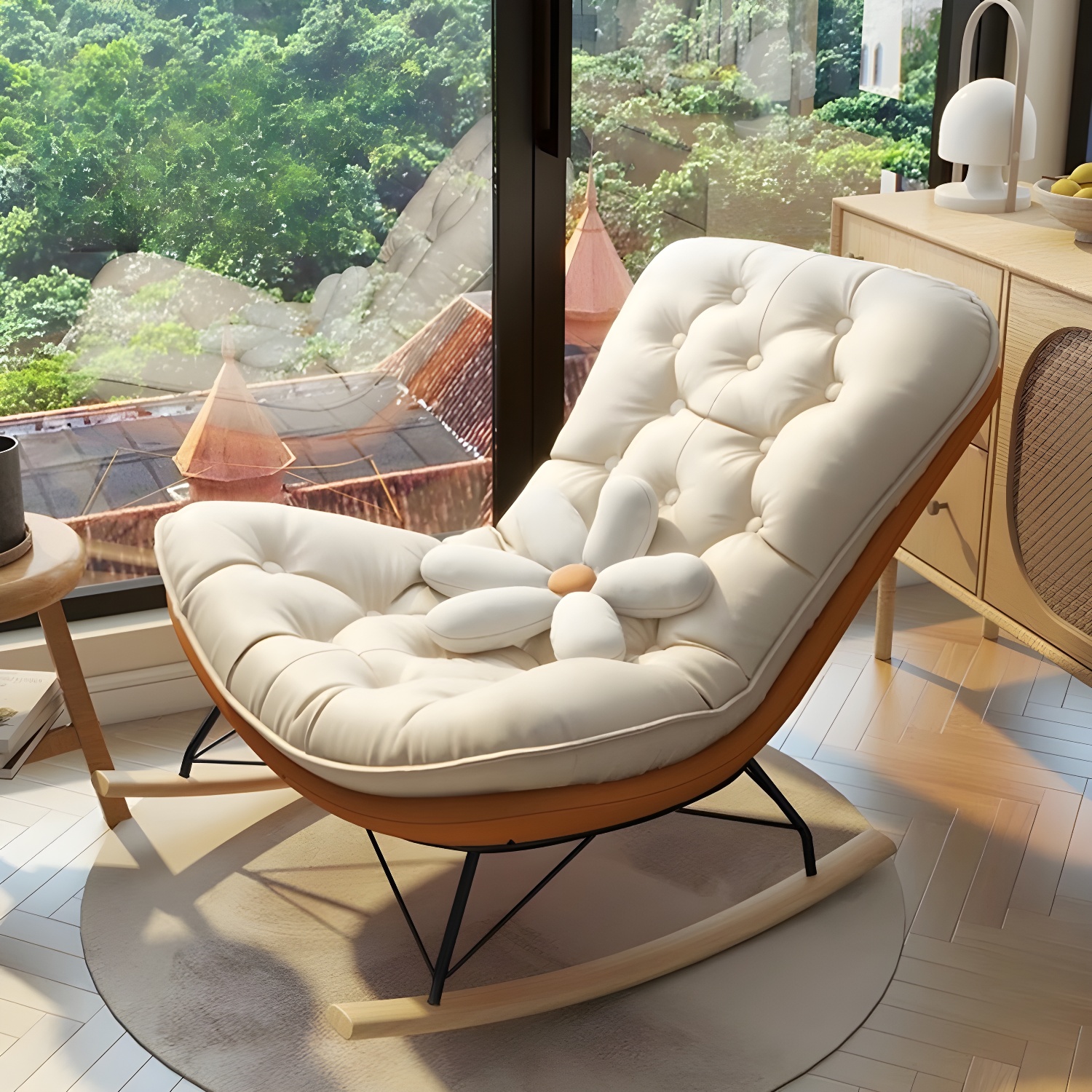 Contemporary Rocking Chair with Spindle Back, Tufted Upholstered and Wood Legs - image 6