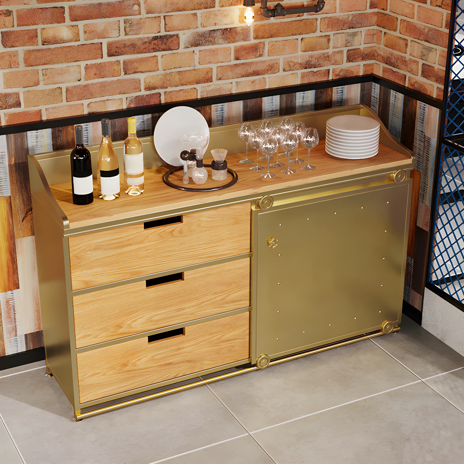 Industrial Metal Sideboard with Drawers, Cabinets, and Open Storage - 3 Drawers, 1 Interior Shelf - image 2