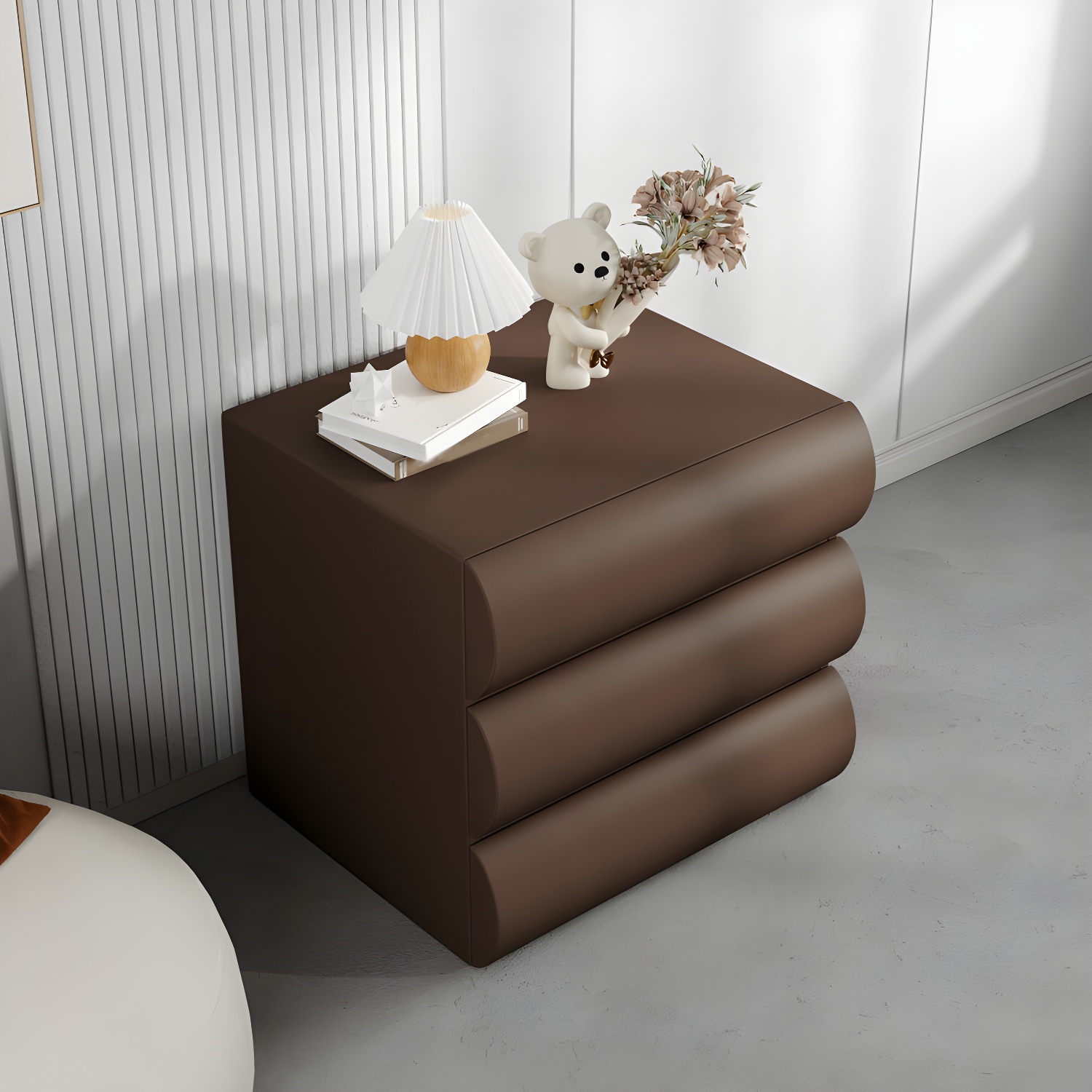 Modern Wood Nightstand with Drawer Storage in Faux Leather - Small Size