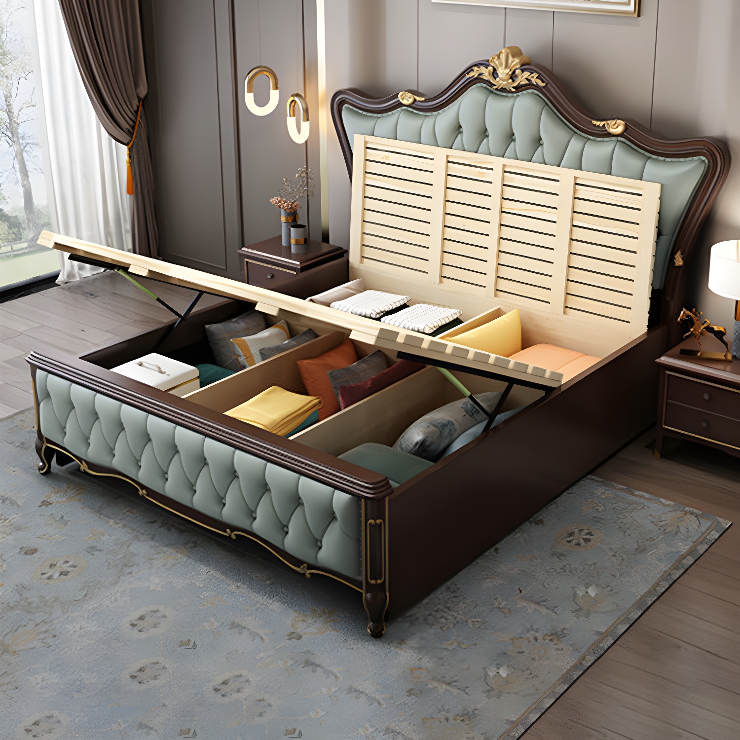 84.65 inch Wide Glam Bed Frame Rubberwood Solid Color Standard Bed with Headboard - image 6